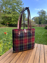 Harris Tweed® Tote Green Red & Black Tartan with Gold and Blue Overchecks Dark Brown Italian Leather and Antique Brass Hardware SquiresCanvasCreations.com