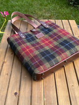 Harris Tweed® Tote Green Red and Black Harris Tweed® with Dublin Brown Nut Leather and Antique Brass Hardware SquiresCanvasCreations.com