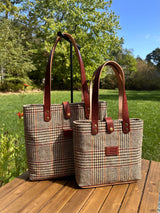 Harris Tweed® Tote Brown and Beige Glen Check Plaid Harris Tweed® with Dublin Olde English Leather and Antique Brass Hardware SquiresCanvasCreations.com