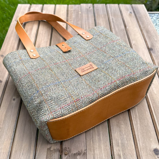 Green Herringbone Harris Tweed® and Biscuit Leather Antique Brass Hardware Main Street Harris® Tweed Shoulder Bag squirescanvascreations.com