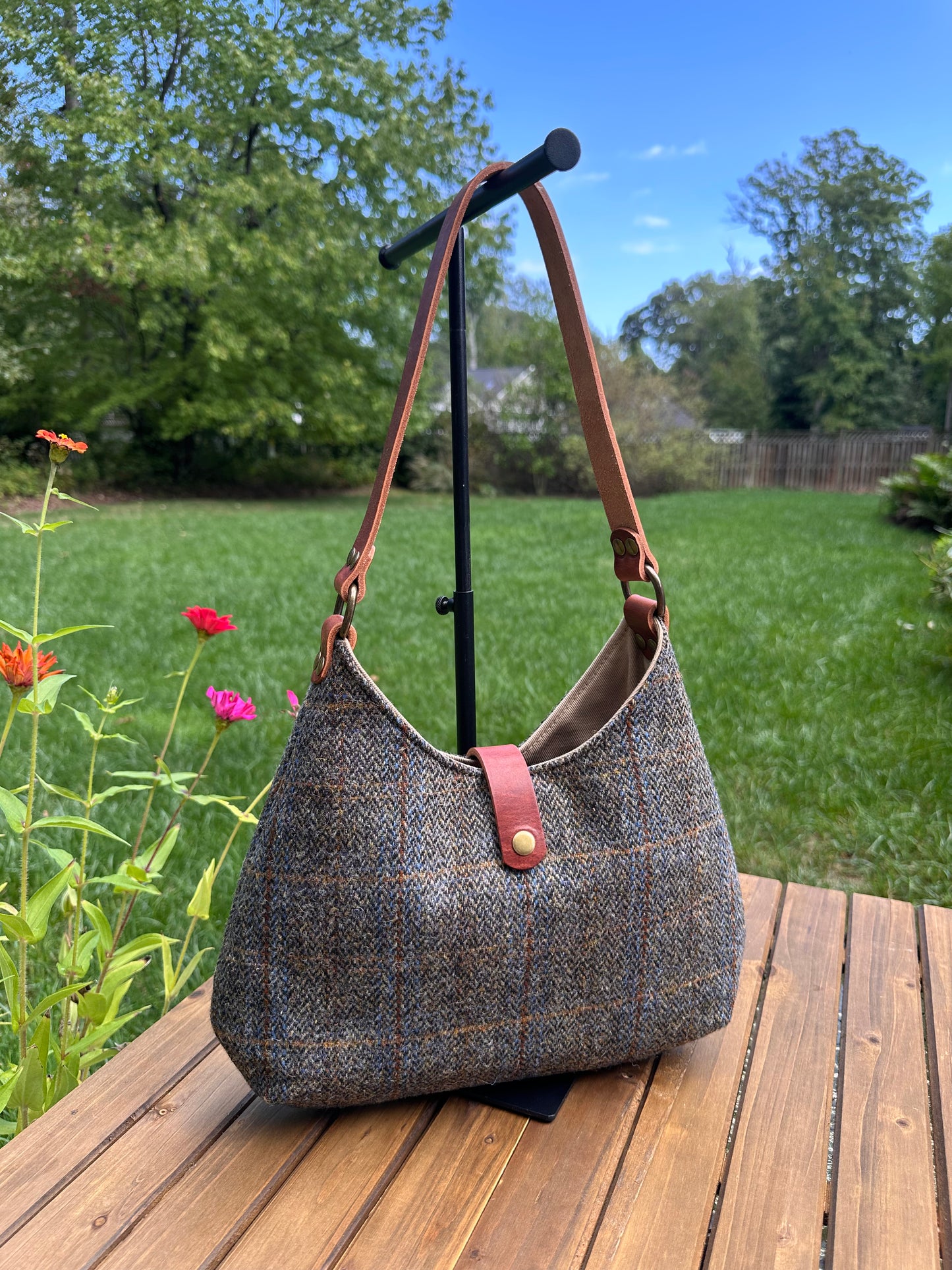 Green and Blue Herringbone with Rust Overcheck Plaid Harris Tweed® Rhode River Shoulder Bag with Old English Dublin Leather and Antique Brass Hardware SquiresCanvasCreations.com