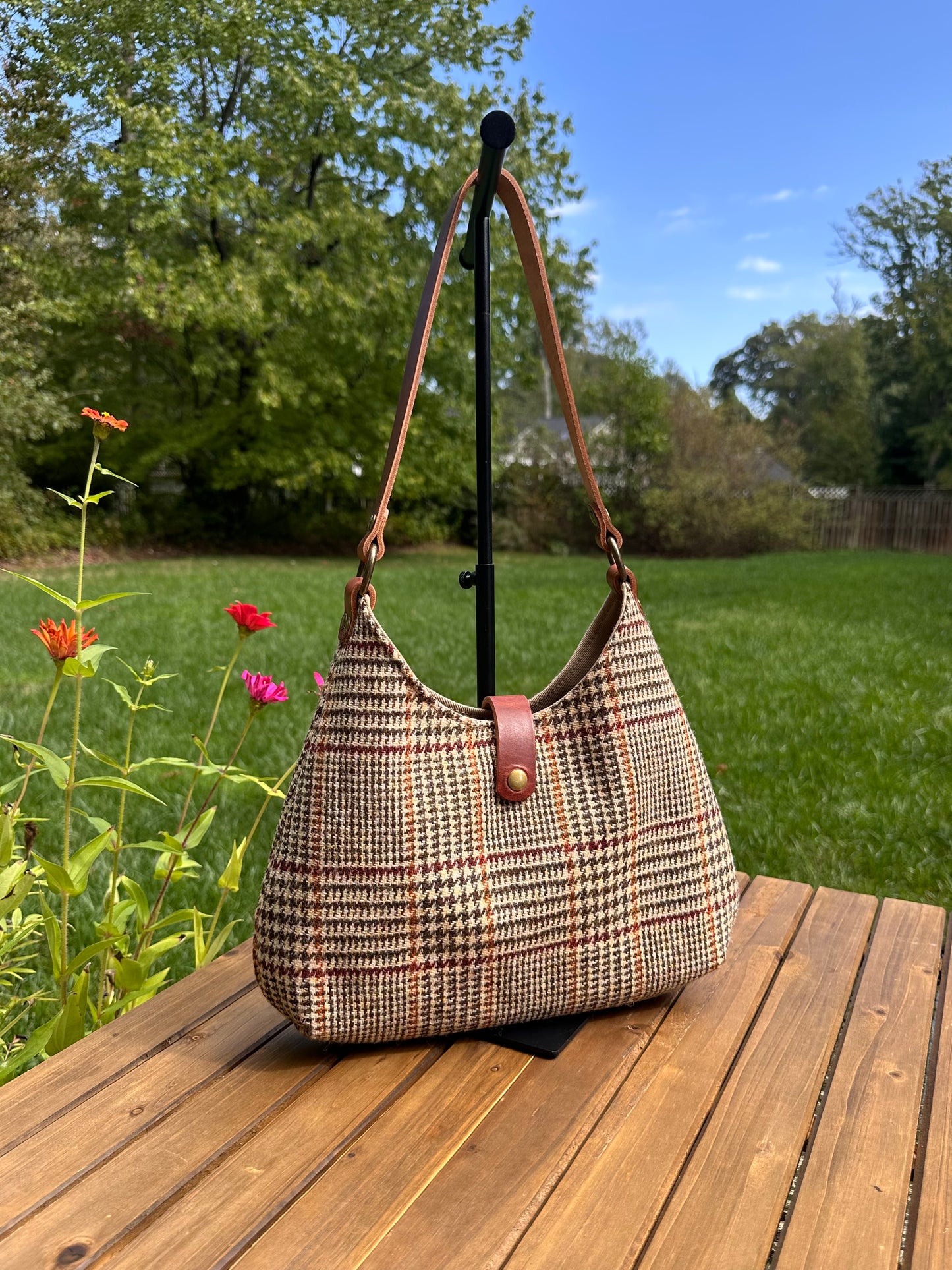 Glen Check Plaid Harris Tweed® Rhode River Shoulder Bag with Old English Dublin Leather and Antique Brass Hardware SquiresCanvasCreations.com