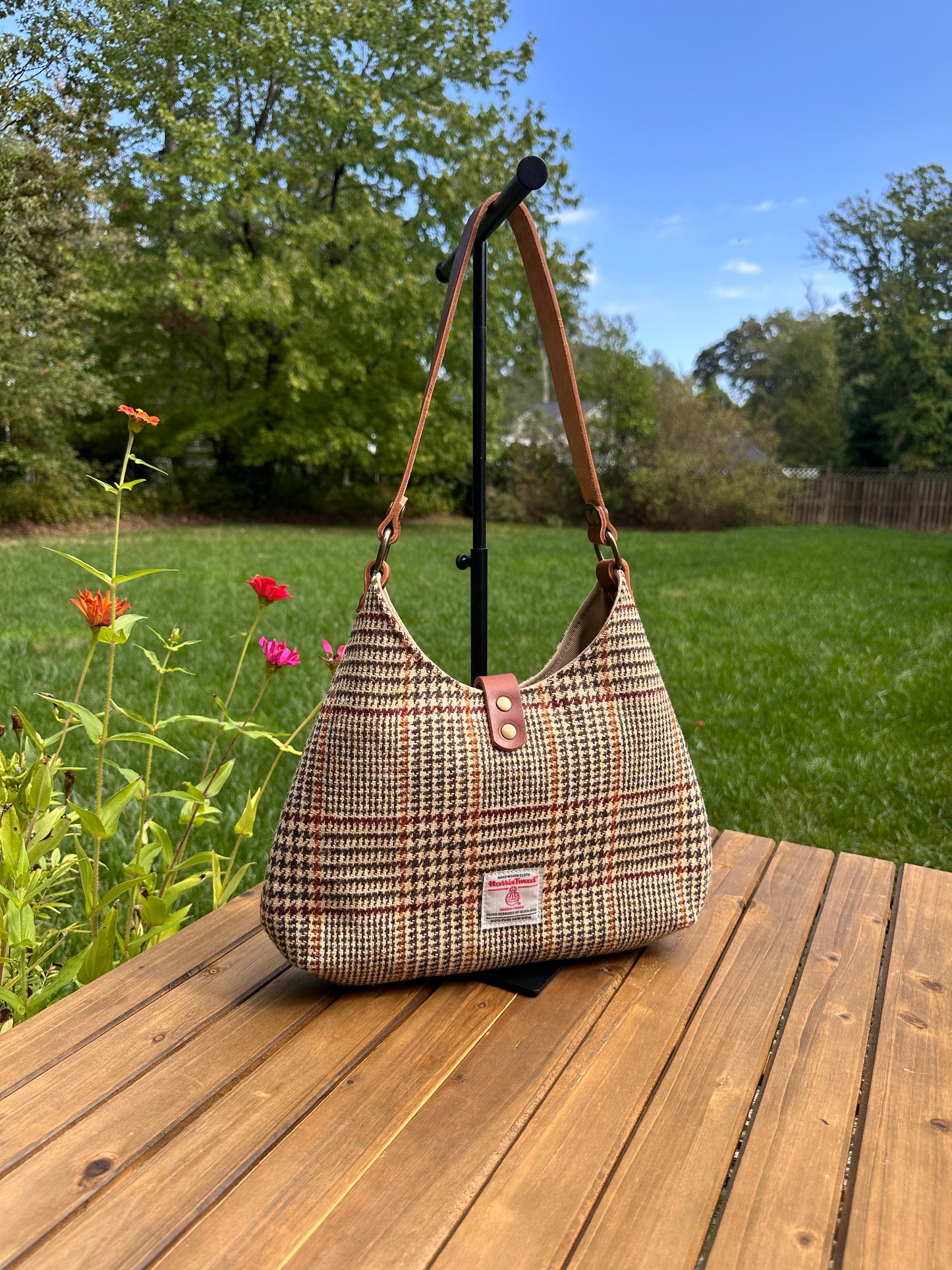 Glen Check Plaid Harris Tweed® Rhode River Shoulder Bag with Old English Dublin Leather and Antique Brass Hardware SquiresCanvasCreations.com