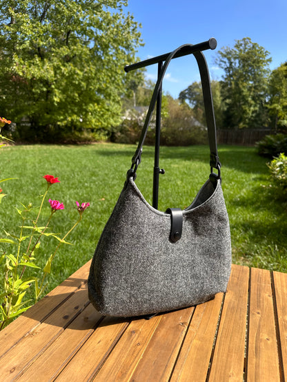 Grey Harris Tweed® Rhode River Shoulder Bag with Black Italian Leather and Black Matte Hardware SquiresCanvasCreations.com