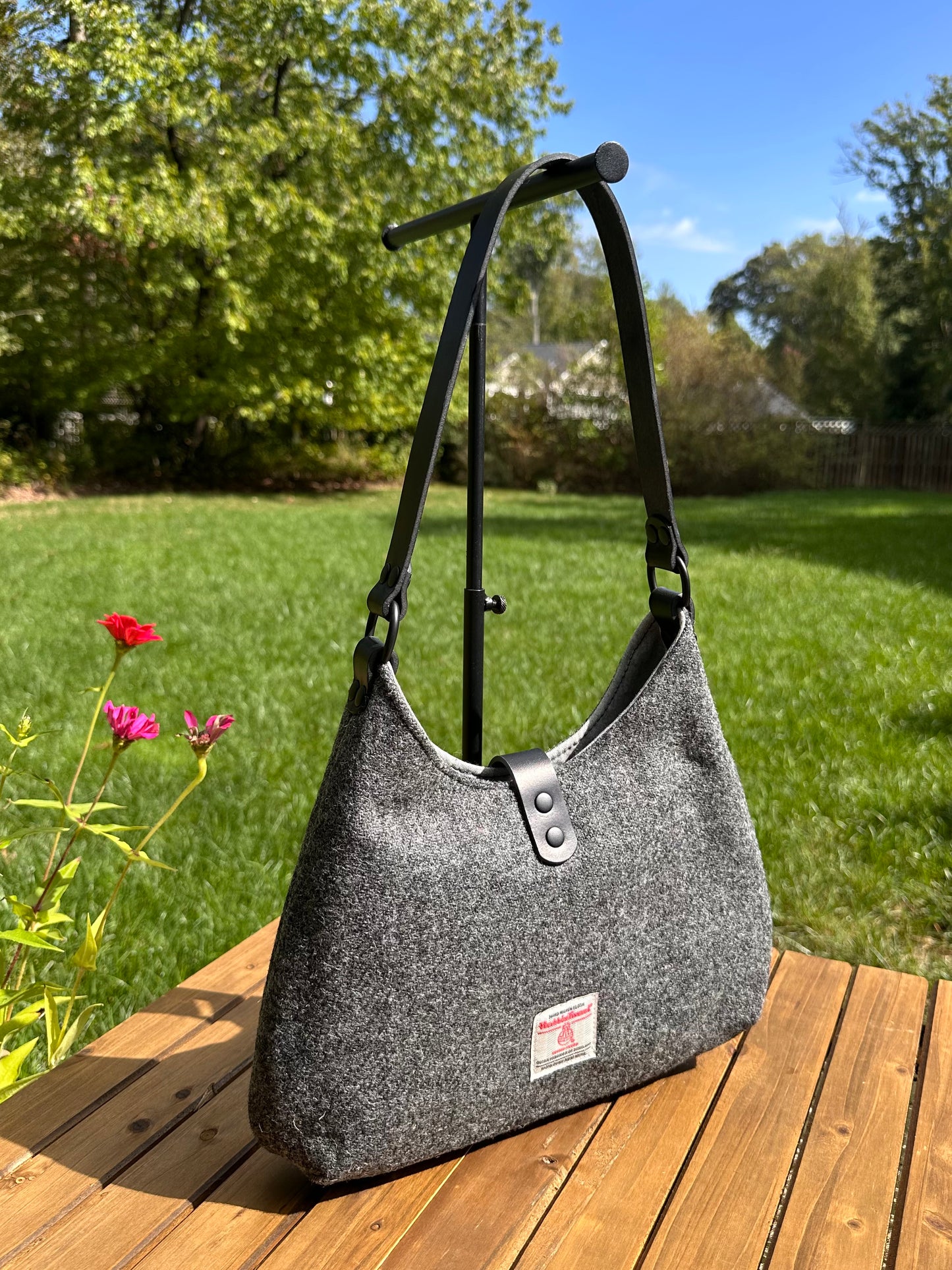 Grey Harris Tweed® Rhode River Shoulder Bag with Black Italian Leather and Black Matte Hardware  SquiresCanvasCreations.com