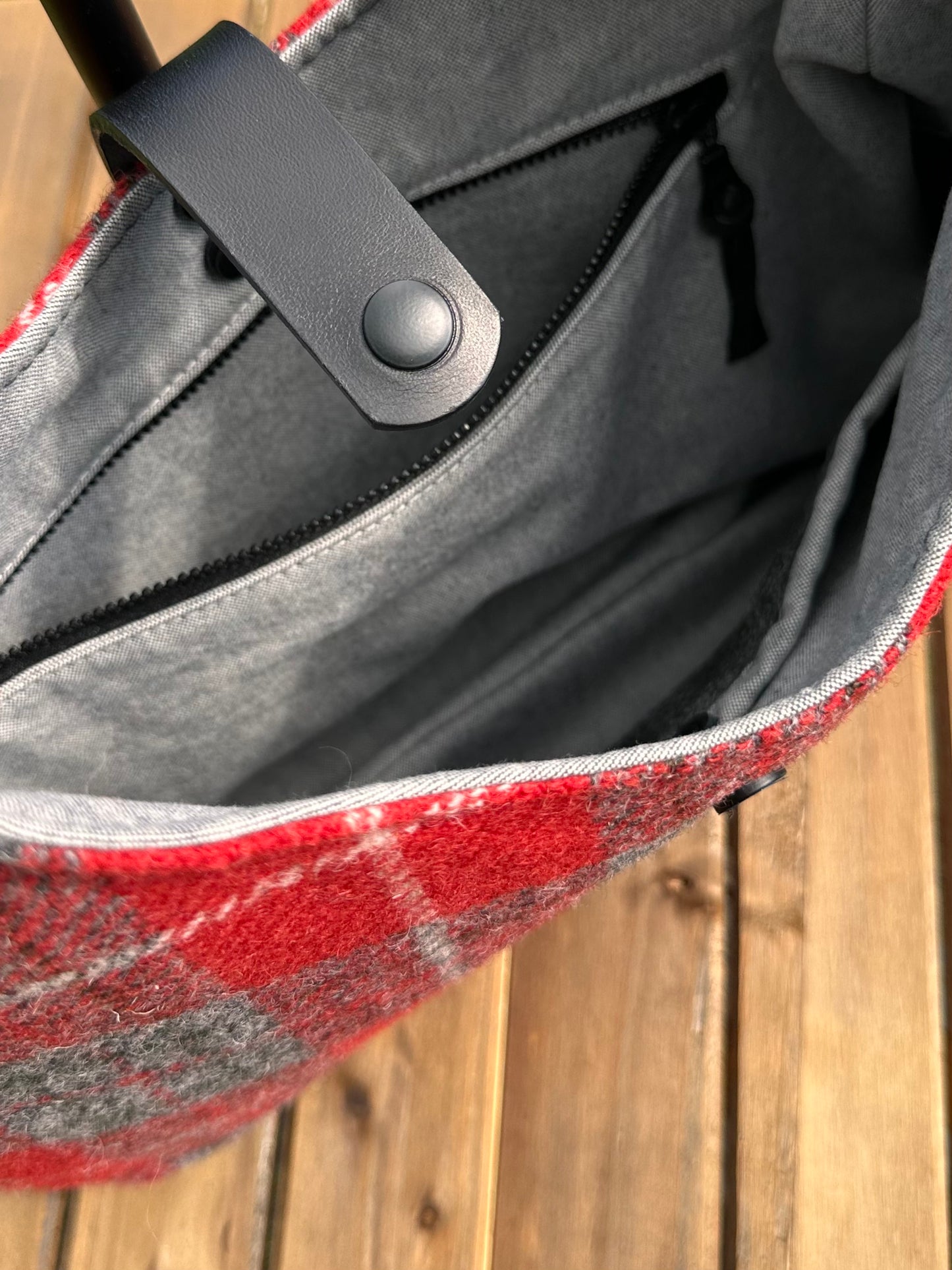 Bright Red and Grey Tartan Harris Tweed® Rhode River Shoulder Bag with Black Italian Leather and Black Matte Hardware  SquiresCanvasCreations.com