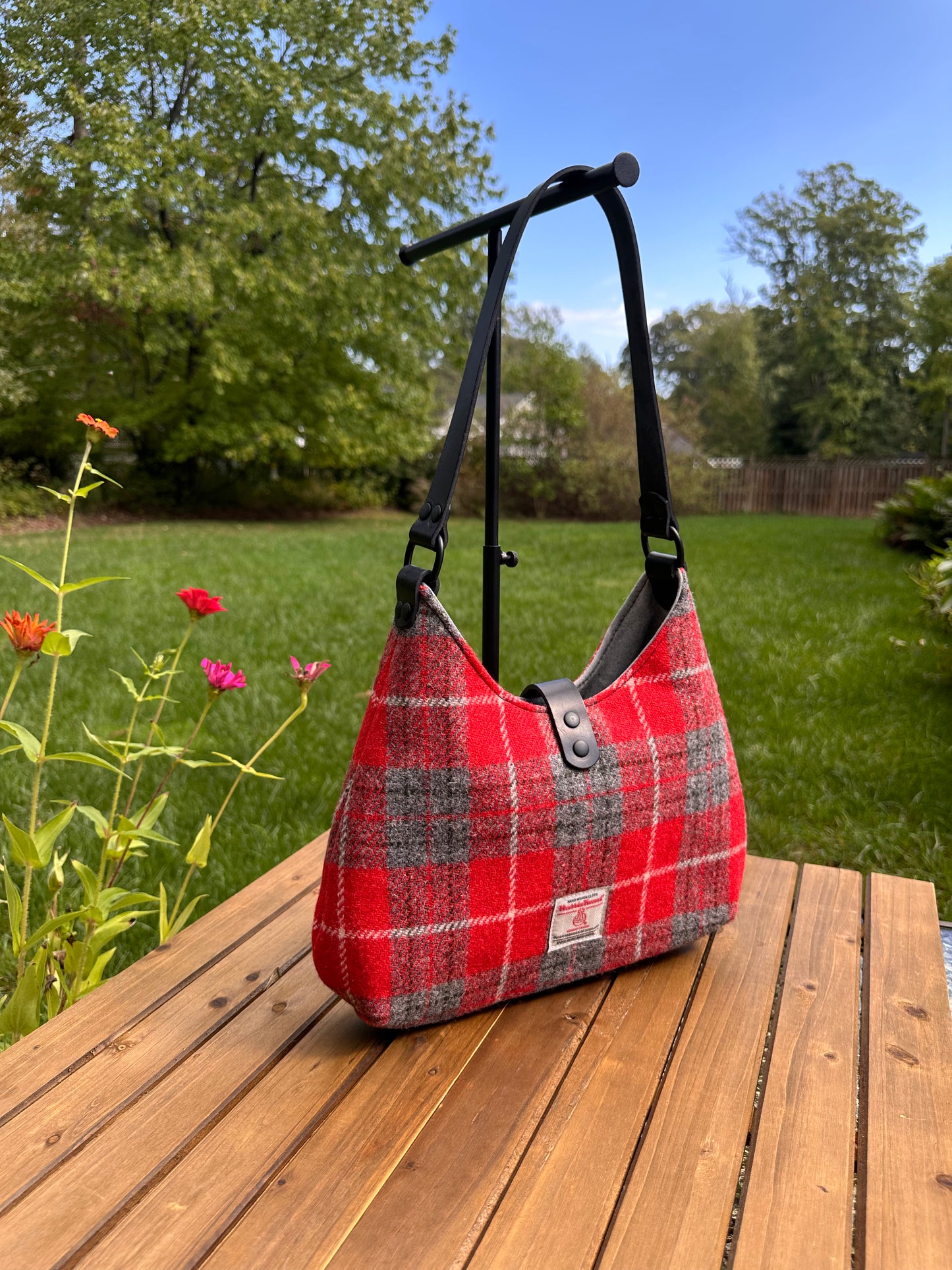 Bright Red and Grey Tartan Harris Tweed® Rhode River Shoulder Bag with Black Italian Leather and Black Matte Hardware  SquiresCanvasCreations.com