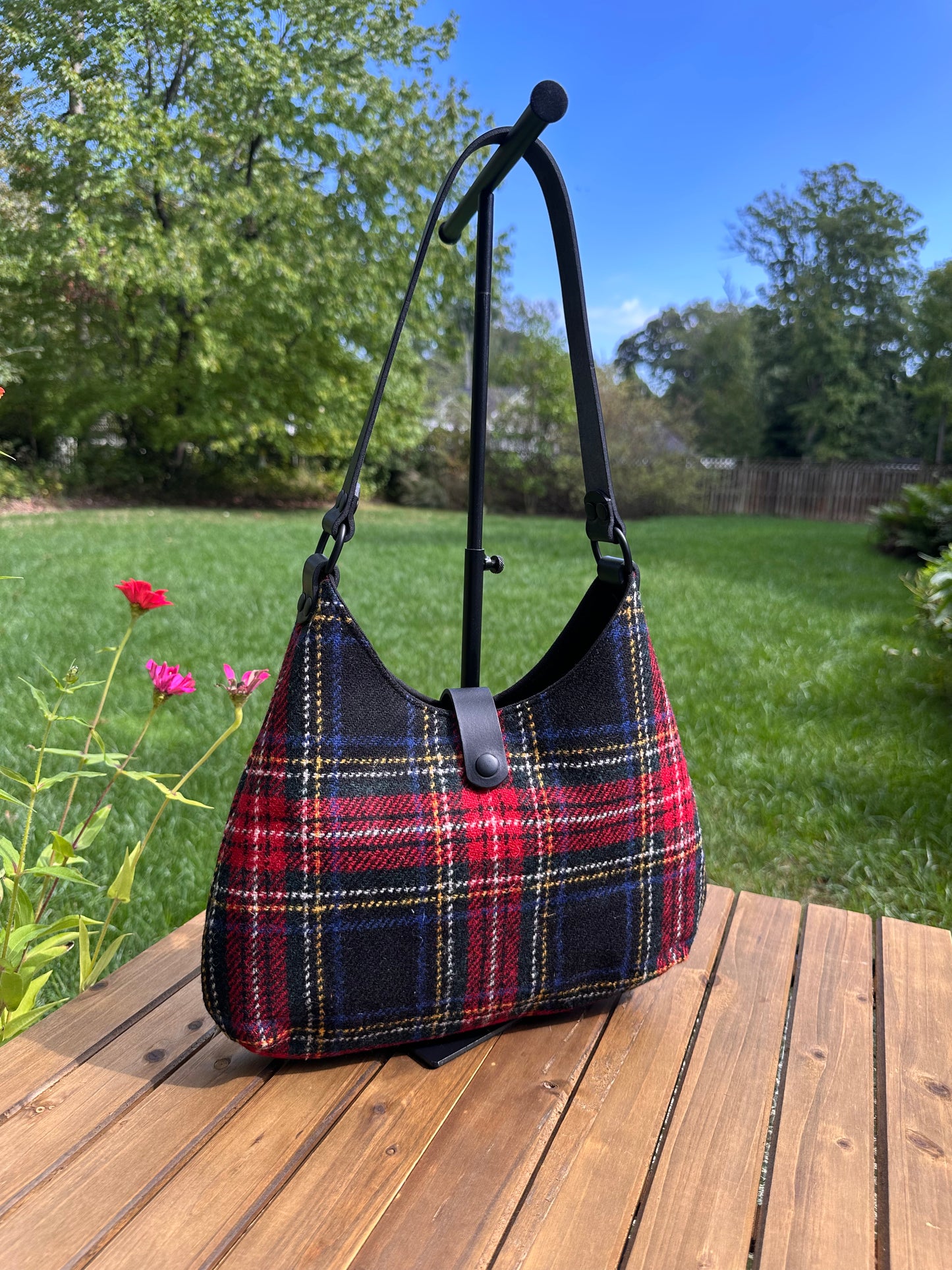 Stewart Plaid Harris Tweed® Rhode River Shoulder Bag with Black Italian Leather and Black Matte Hardware SquiresCanvasCreations.com