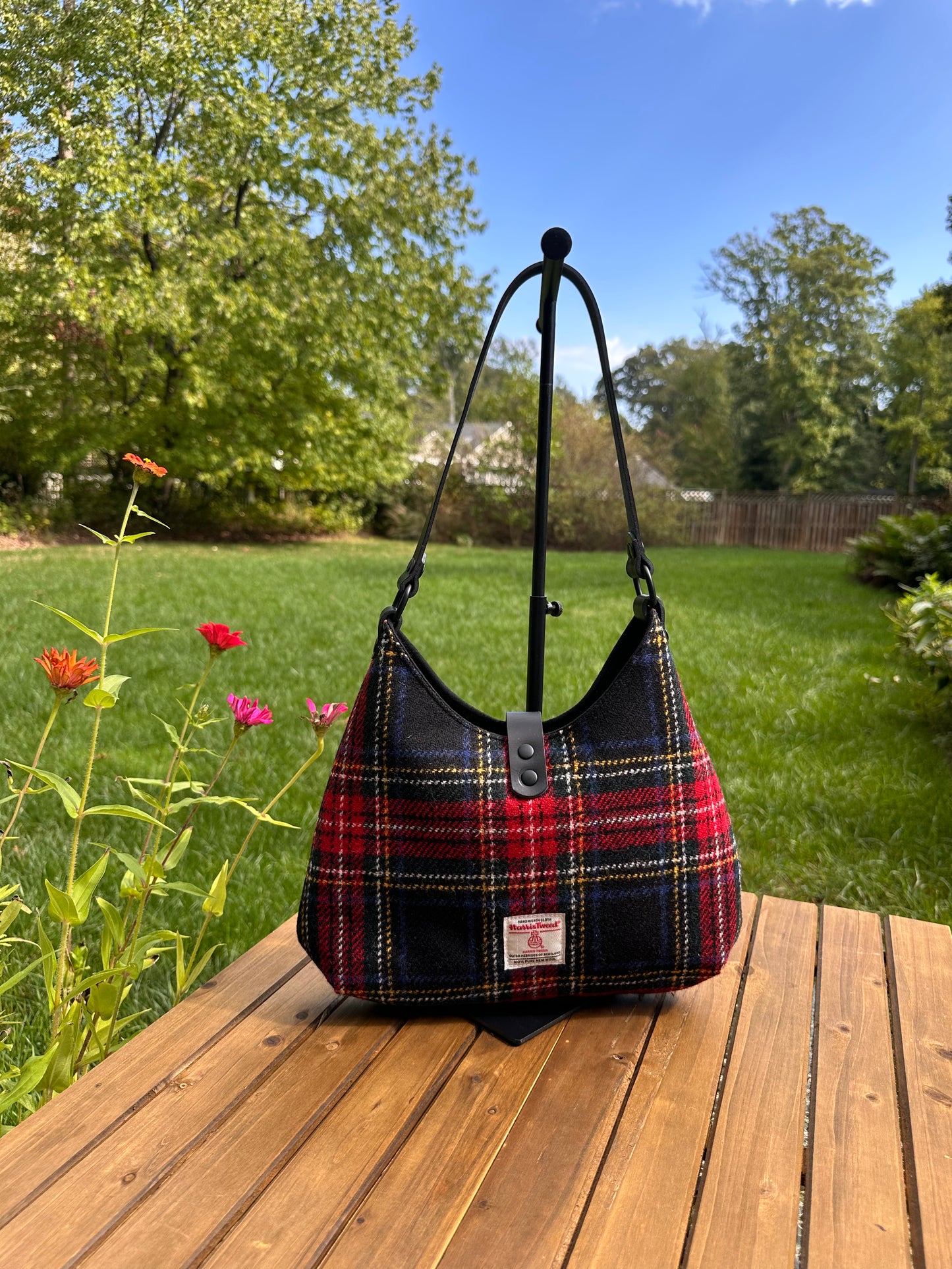 Stewart Plaid Harris Tweed® Rhode River Shoulder Bag with Black Italian Leather and Black Matte Hardware  SquiresCanvasCreations.com