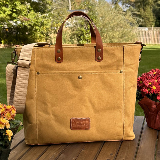 Sandstone Hybrid Waxed Canvas and Cotton Webbing Strap with Antique Brass Hardware Purse Feet Oxford Tote squirescanvascreations.com