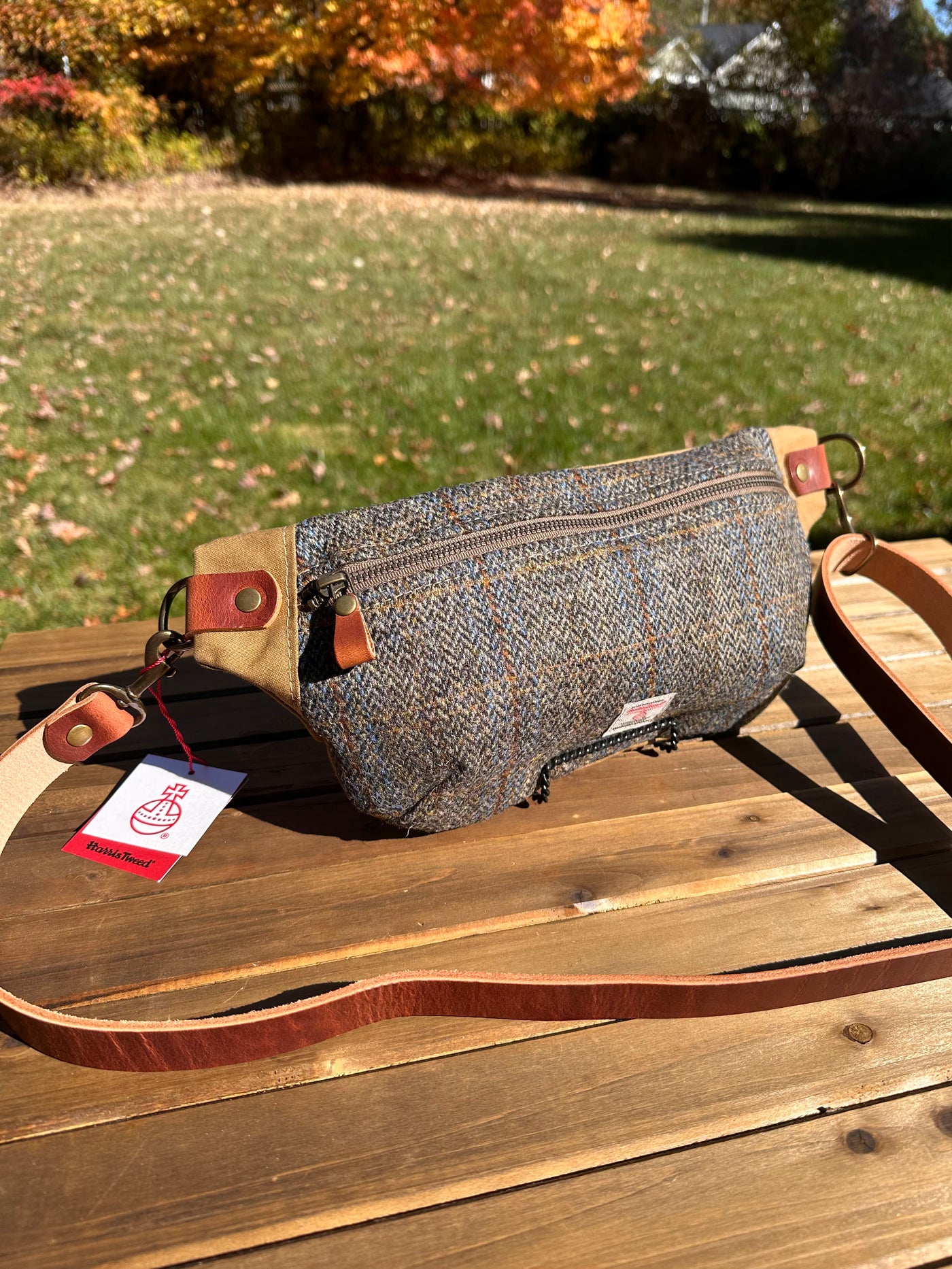 Blue and Green Herringbone with a Rust Overcheck Harris Tweed® Dark Brown Leather Strap Antique Brass Hardware Harris Tweed® Spinnaker Sling Bag squirescanvascreations.com