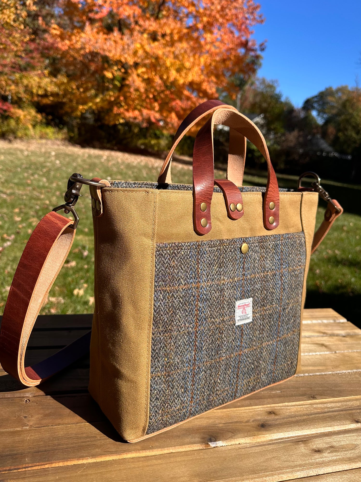 Harris Tweed® Green & Blue Herringbone with Tan Halley Stevensons 18oz Hybrid Waxed Canvas with Splenda Leather Strap SquiresCanvasCreations.com