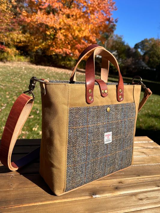 Harris Tweed® Green & Blue Herringbone with Tan Halley Stevensons 18oz Hybrid Waxed Canvas with Splenda Leather Strap SquiresCanvasCreations.com