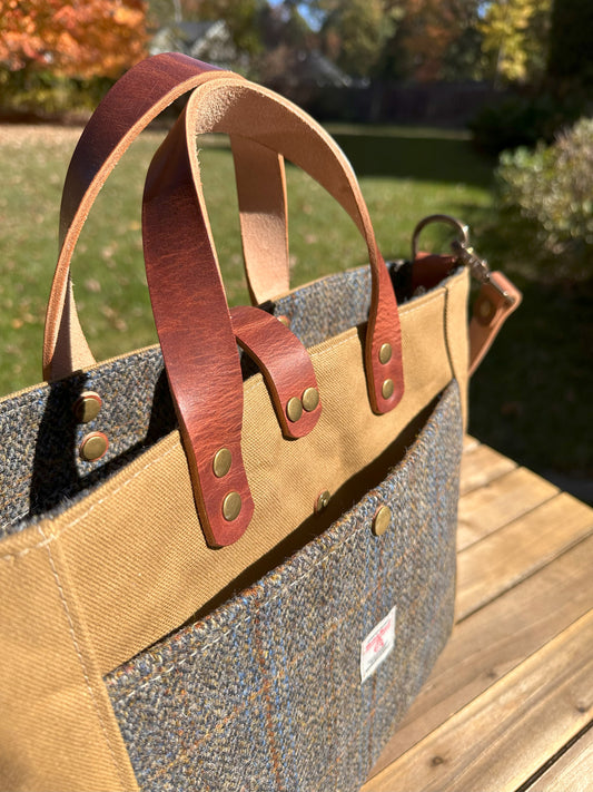 Harris Tweed® Green & Blue Herringbone with Halley Stevensons Tan 18oz Hybrid Waxed Canvas with Splenda Leather Strap SquiresCanvasCreations.com
