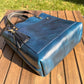 Western Crunch Blue Leather West Street Tote with Black Bridal Leather Handles and Solid Brass Hardware SquiresCanvasCreations.com