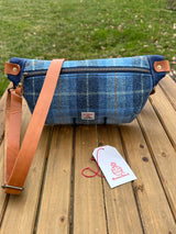 Minimalist sling bag handcrafted with Blue Plaid Tartan plaid Harris Tweed® and Horween Cobalt Leather, finished with Antique Brass hardware.