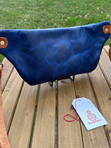 Back View Minimalist sling bag handcrafted with Harris Tweed® and Horween Cobalt Leather, finished with Antique Brass hardware.