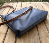Navy Leather Fairhaven Crossbody with Antique Brass Hardware and Dark Brown Italian Venchetta Leather Strap SquiresCanvasCreations.com