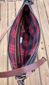 Navy Slim Leather Fairhaven Crossbody with Antique Brass Hardware and Dark Brown Italian Venchetta Leather Strap SquiresCanvasCreatons.com
