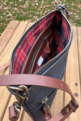 Navy Slim Leather Fairhaven Crossbody with Antique Brass Hardware and Dark Brown Italian Venchetta Leather Strap SquiresCanvasCreatons.com