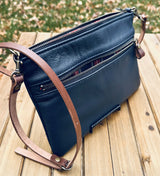Navy Slim Leather Fairhaven Crossbody with Antique Brass Hardware and Dark Brown Italian Venchetta Leather Strap SquiresCanvasCreatons.com