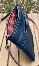 Navy Slim Leather Fairhaven Crossbody with Antique Brass Hardware and Dark Brown Italian Venchetta Leather Strap SquiresCanvasCreatons.com