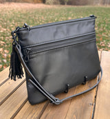 Black Slim Leather Fairhaven Crossbody with Matt Black Hardware and Black Italian Venchetta Leather Strap SquiresCanvasCreatons.com