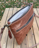 Brandy Slim Leather Fairhaven Crossbody with Antique Brass Hardware and Dark Brown Italian Venchetta Leather Strap SquiresCanvasCreatons.com