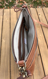 Brandy Slim Leather Fairhaven Crossbody with Antique Brass Hardware and Dark Brown Italian Venchetta Leather Strap SquiresCanvasCreatons.com