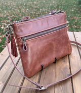 Brandy Slim Leather Fairhaven Crossbody with Antique Brass Hardware and Dark Brown Italian Venchetta Leather Strap SquiresCanvasCreatons.com