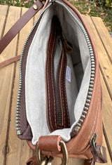 Brandy Leather Fairhaven Crossbody with Antique Brass Hardware and Dark Brown Italian Venchetta Leather Strap SquiresCanvasCreations.com