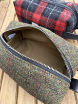 Green Twill with Black and Red Overchecks Harris Tweed® Chesapeake Dopp Kit with South Street Leather Handle and Antique Brass Hardware SquiresCanvasCreations.com