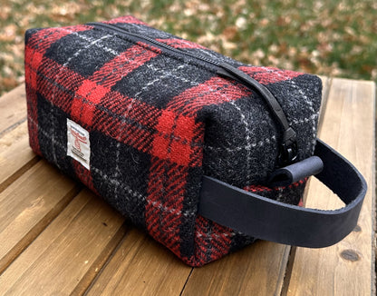 Red & Black Tartan Harris Tweed® Chesapeake Dopp Kit with Crazy Horse Black Leather Handle and YKK Black Hardware SquiresCanvasCreations.com