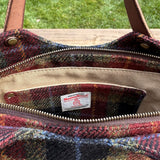 Black Red Green Plaid Harris Tweed® with Dark Brown Veg Tan Leather and Antique Brass Hardware Mazie Handbag squirescanvascreatons.com