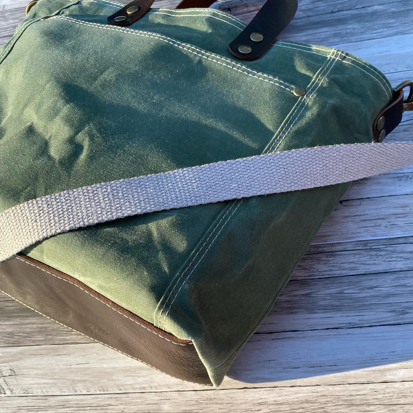 Sage Green Bees Waxed Canvas Oxford Tote with Black Leather handles and base with Natural heavy weight cotton strap Antique Brass hardware SquiresCanvasCreations
