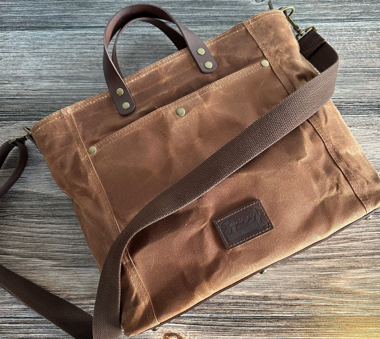 Chestnut Hybrid Waxed Canvas Italian Dark Brown Leather Leather Strap with Antique Brass Hardware & Purse Feet Oxford Tote squirescanvascreations