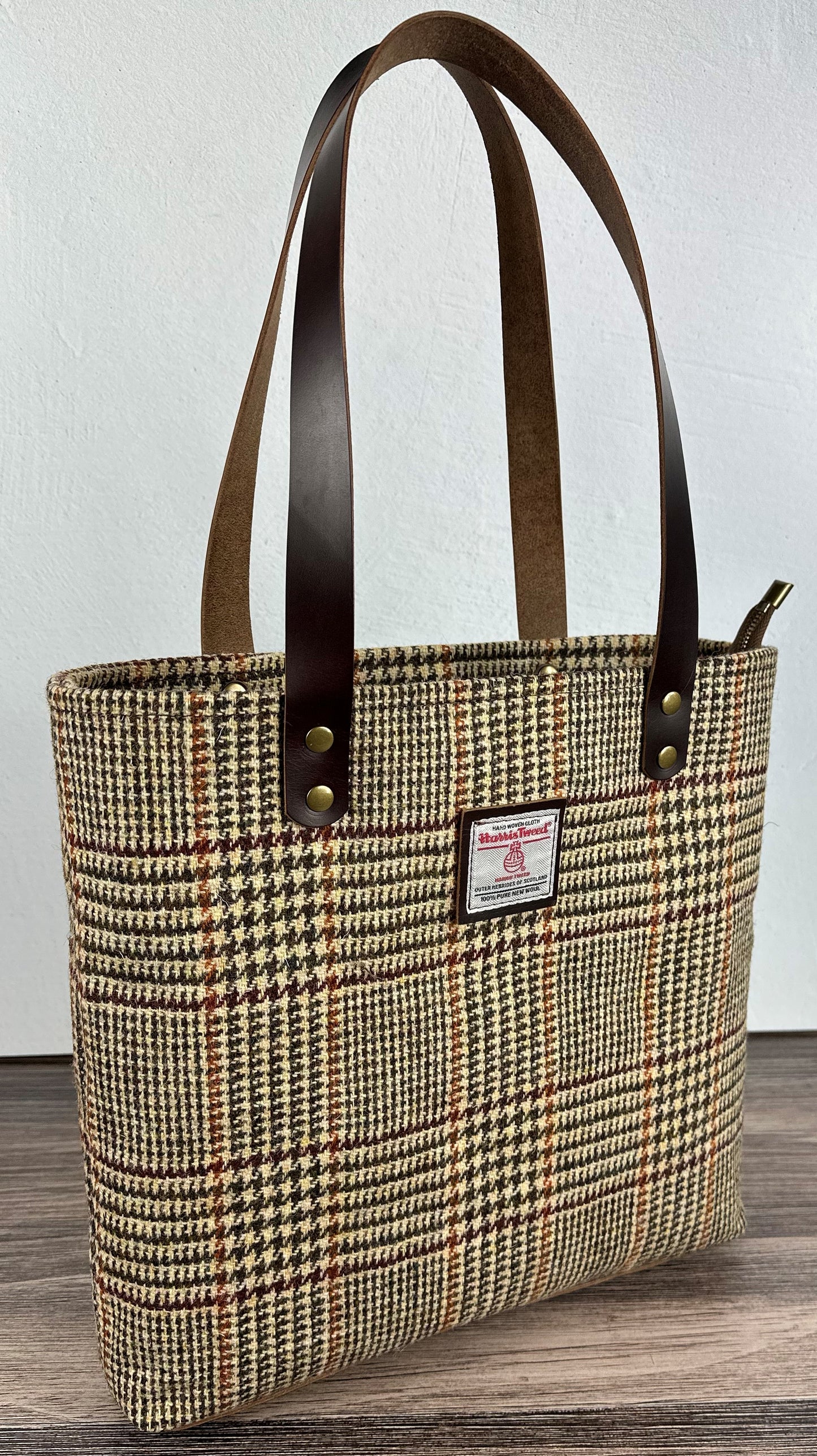 Classic Glen Plaid with Cognac Leather Antique Brass Hardware Harris Tweed® Commuter Tote SquiresCanvasCreations