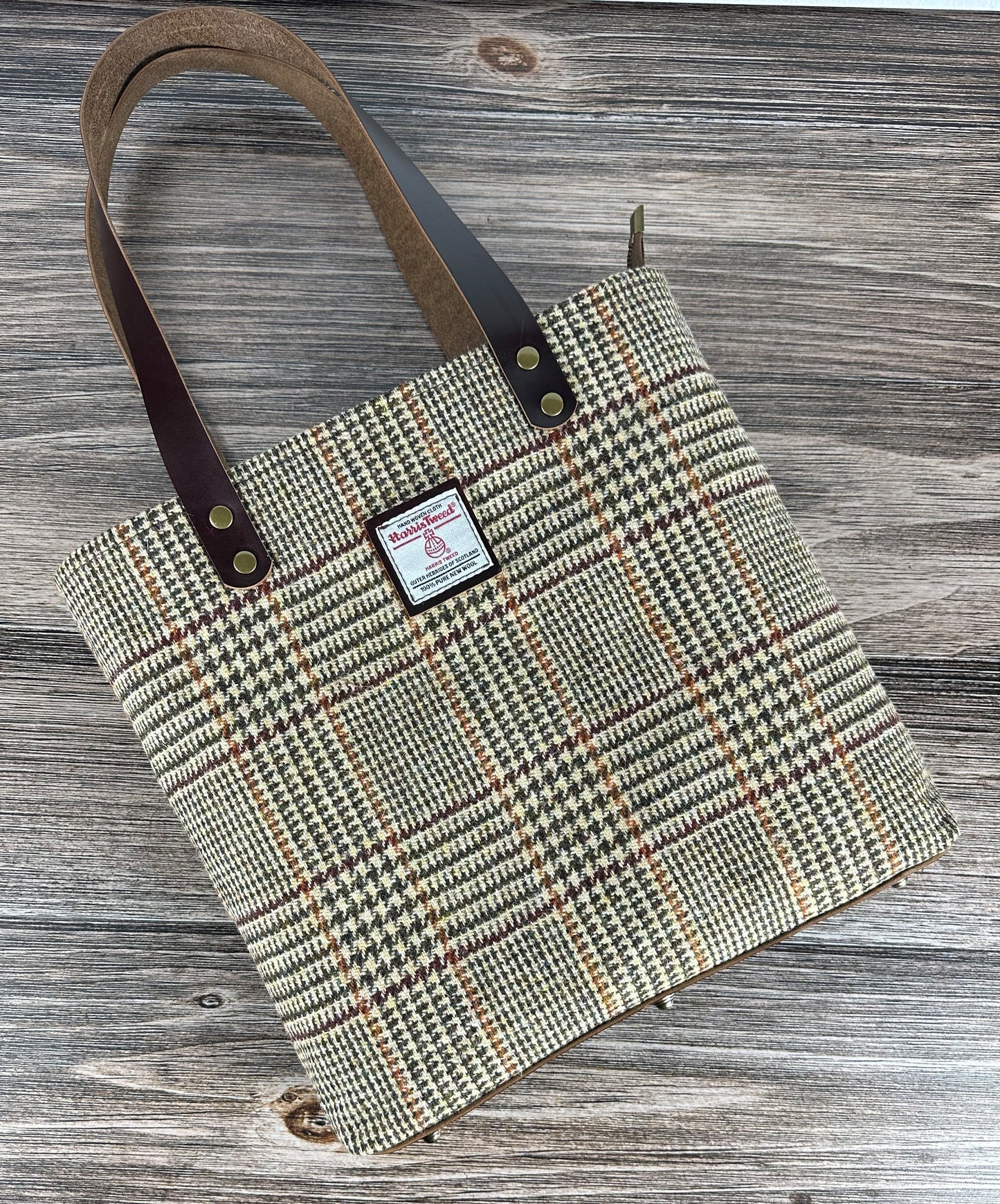 Classic Glen Plaid with Cognac Leather Antique Brass Hardware Harris Tweed® Commuter Tote SquiresCanvasCreations