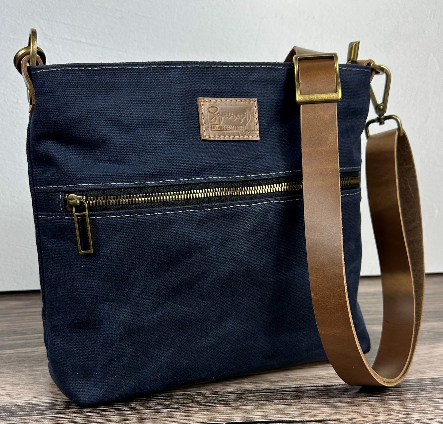 Navy Waxed Canvas Wheat Leather with Antique Brass Hardware Bayside Hobo Bag squirescanvascreations