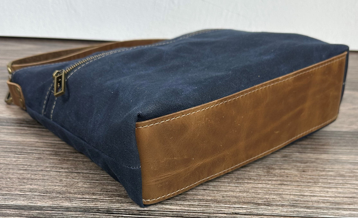 Navy Waxed Canvas Wheat Leather with Antique Brass Hardware Bayside Hobo Bag squirescanvascreations