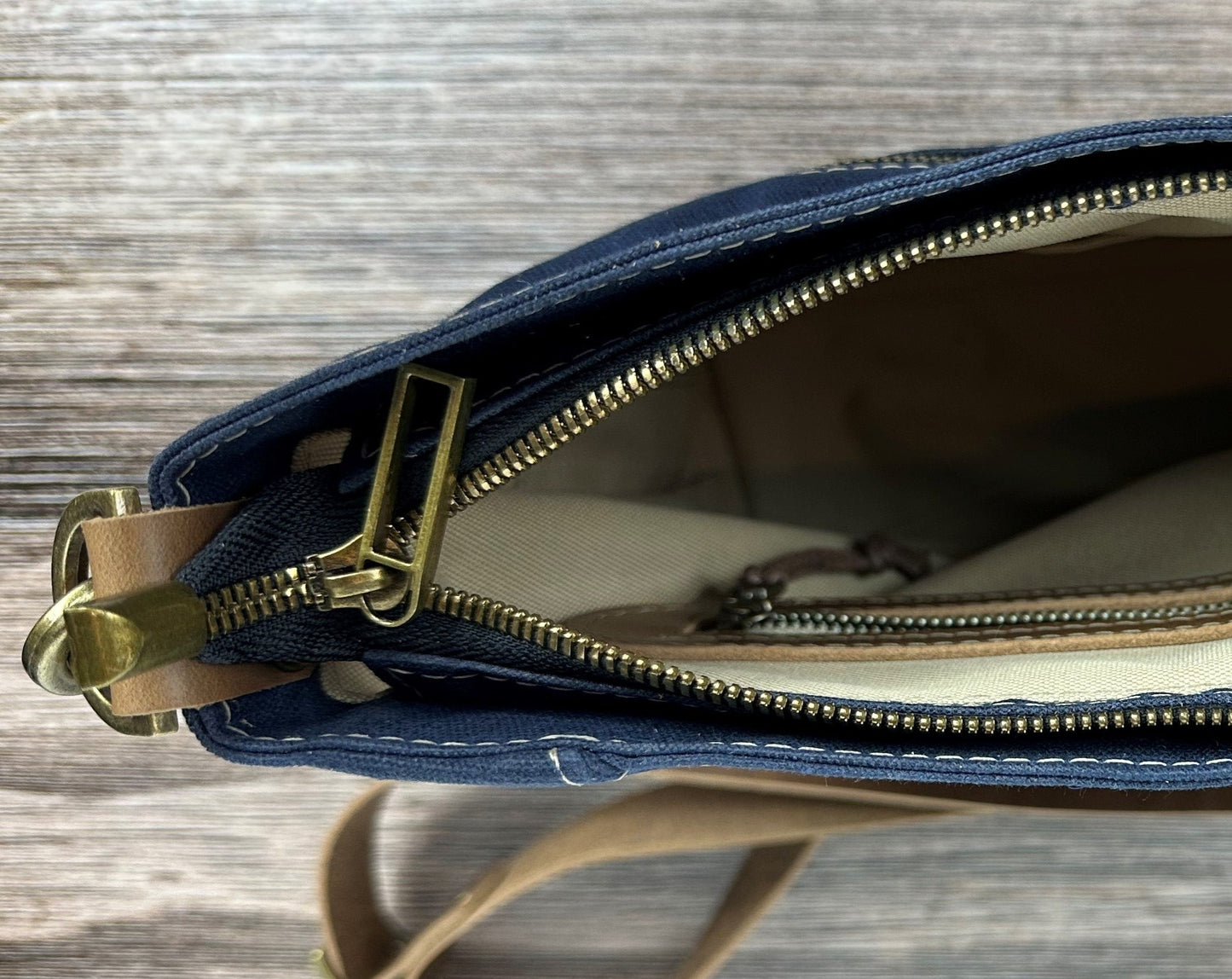 Navy Waxed Canvas Wheat Leather with Antique Brass Hardware Bayside Hobo Bag squirescanvascreations