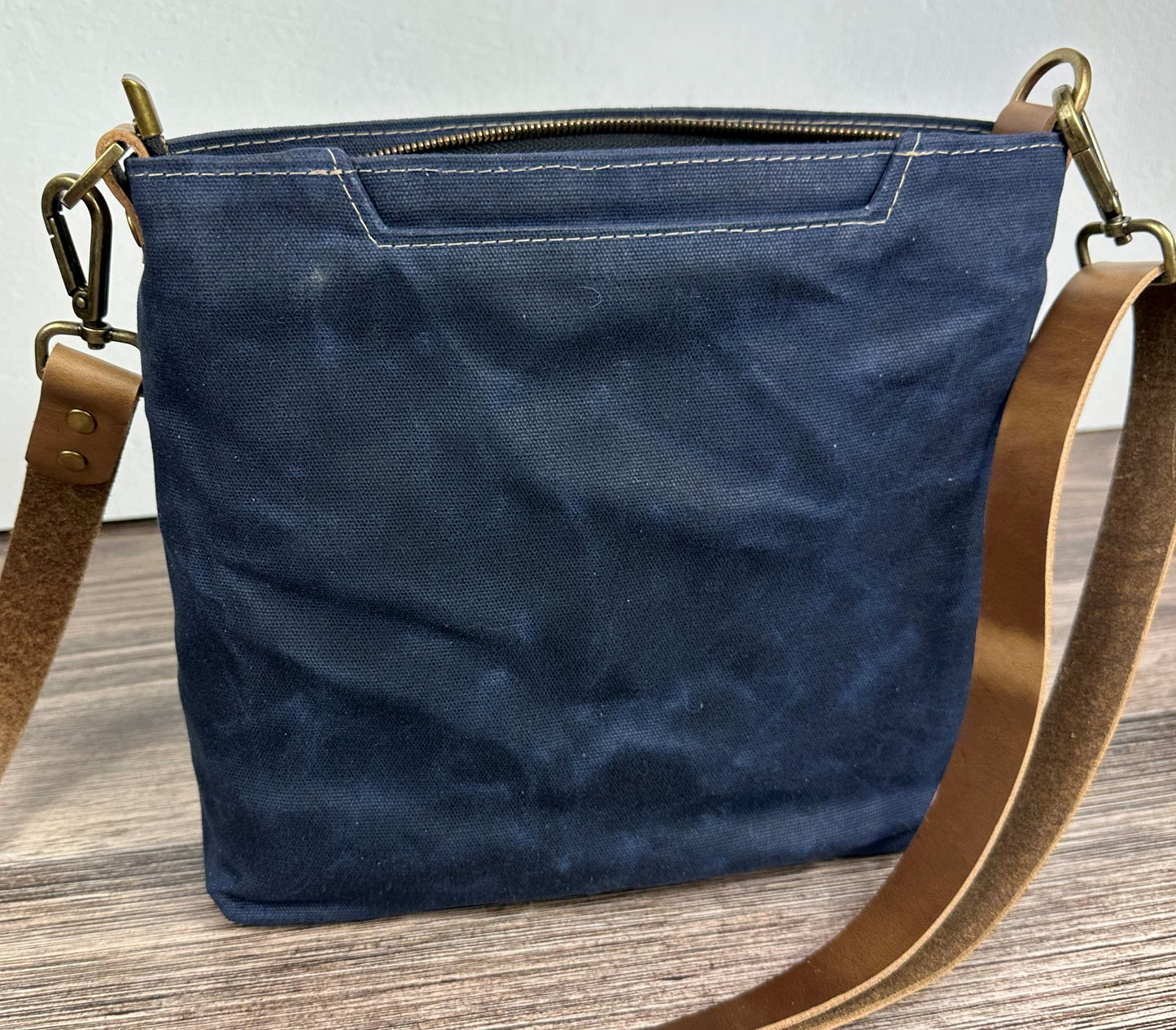 Navy Waxed Canvas Wheat Leather with Antique Brass Hardware Bayside Hobo Bag squirescanvascreations