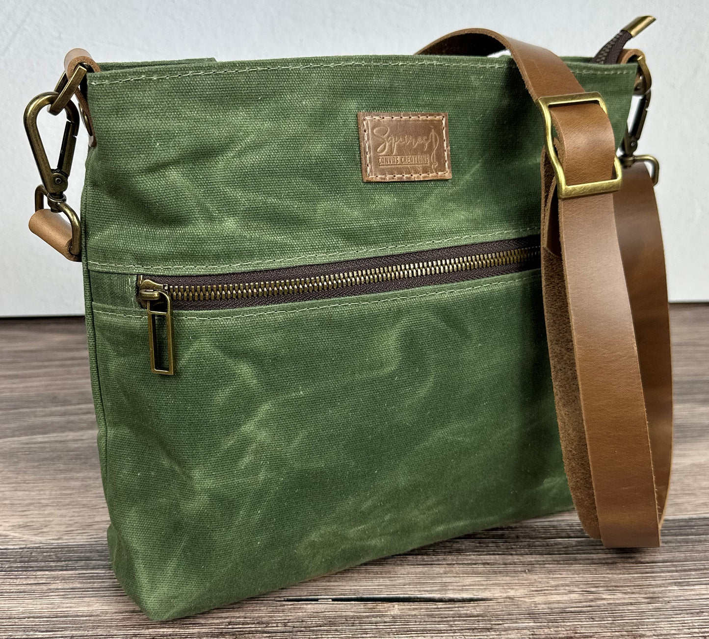 Sage Green Waxed Canvas Wheat Leather with Antique Brass Hardware Bayside Hobo Bag squirescanvascreations