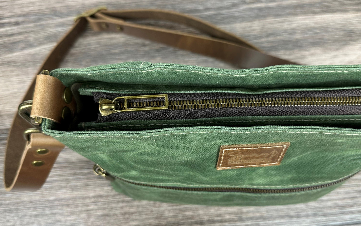 Sage Green Waxed Canvas Wheat Leather with Antique Brass Hardware Bayside Hobo Bag squirescanvascreations