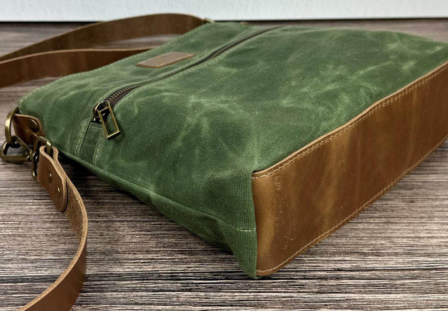 Sage Green Waxed Canvas Wheat Leather with Antique Brass Hardware Bayside Hobo Bag squirescanvascreations