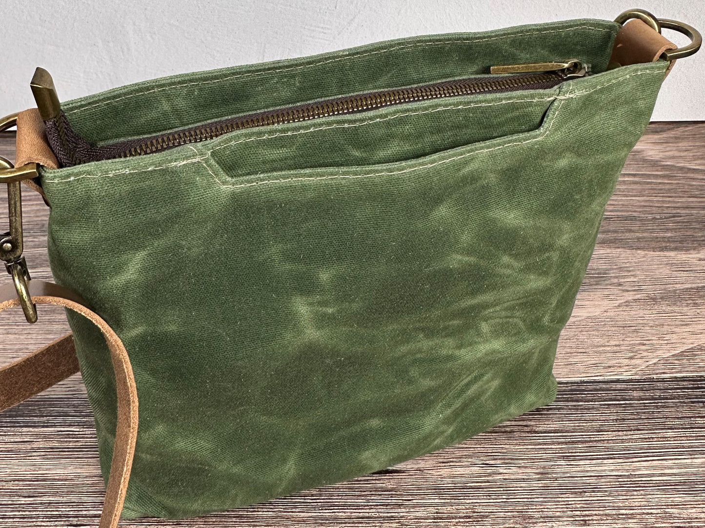 Sage Green Waxed Canvas Wheat Leather with Antique Brass Hardware Bayside Hobo Bag squirescanvascreations