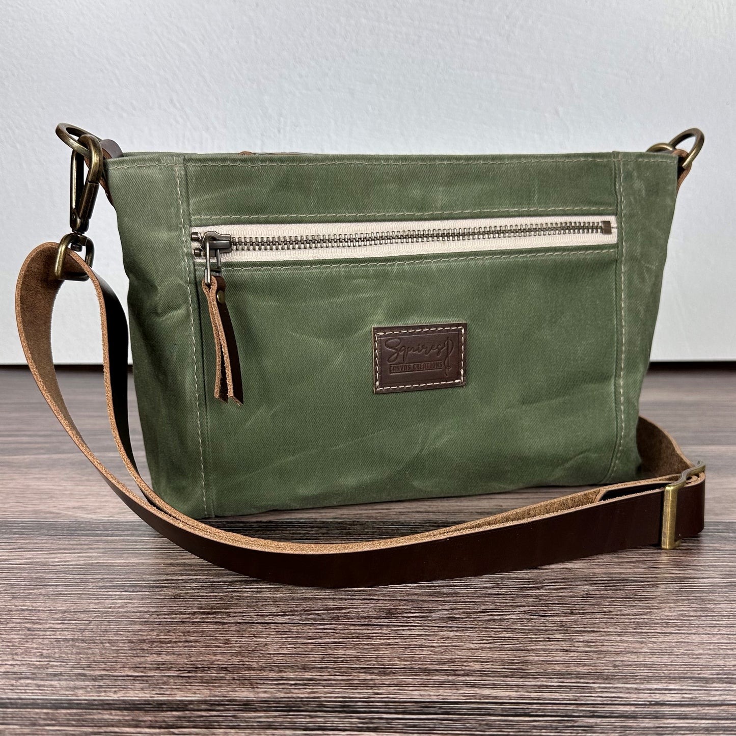 Parish Creek Crossbody Sage Waxed Twill & Toasted Wheat Leather with Antique Brass Hardware squirescanvascreations.com