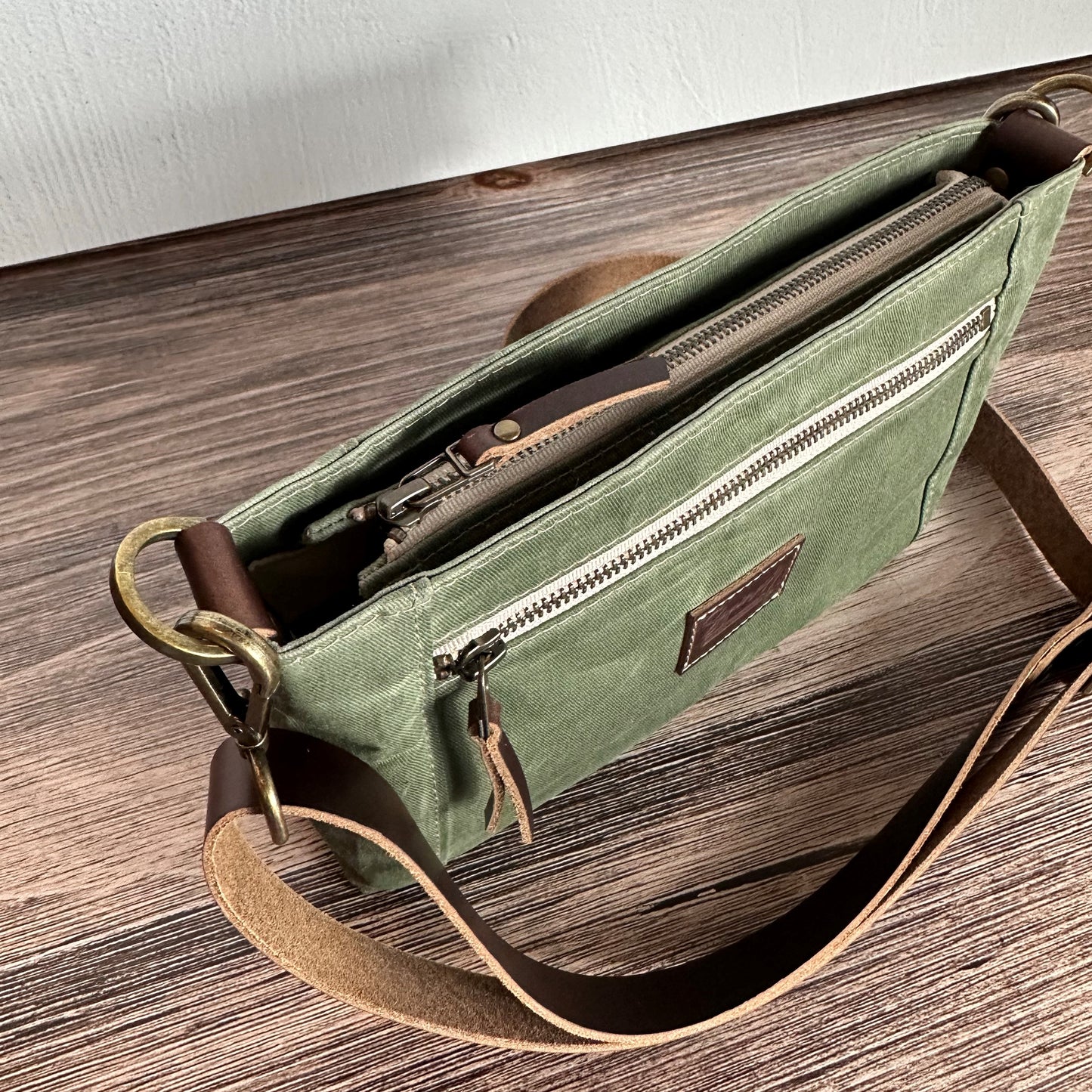 Parish Creek Crossbody Sage Waxed Twill & Toasted Wheat Leather with Antique Brass Hardware squirescanvascreations.com