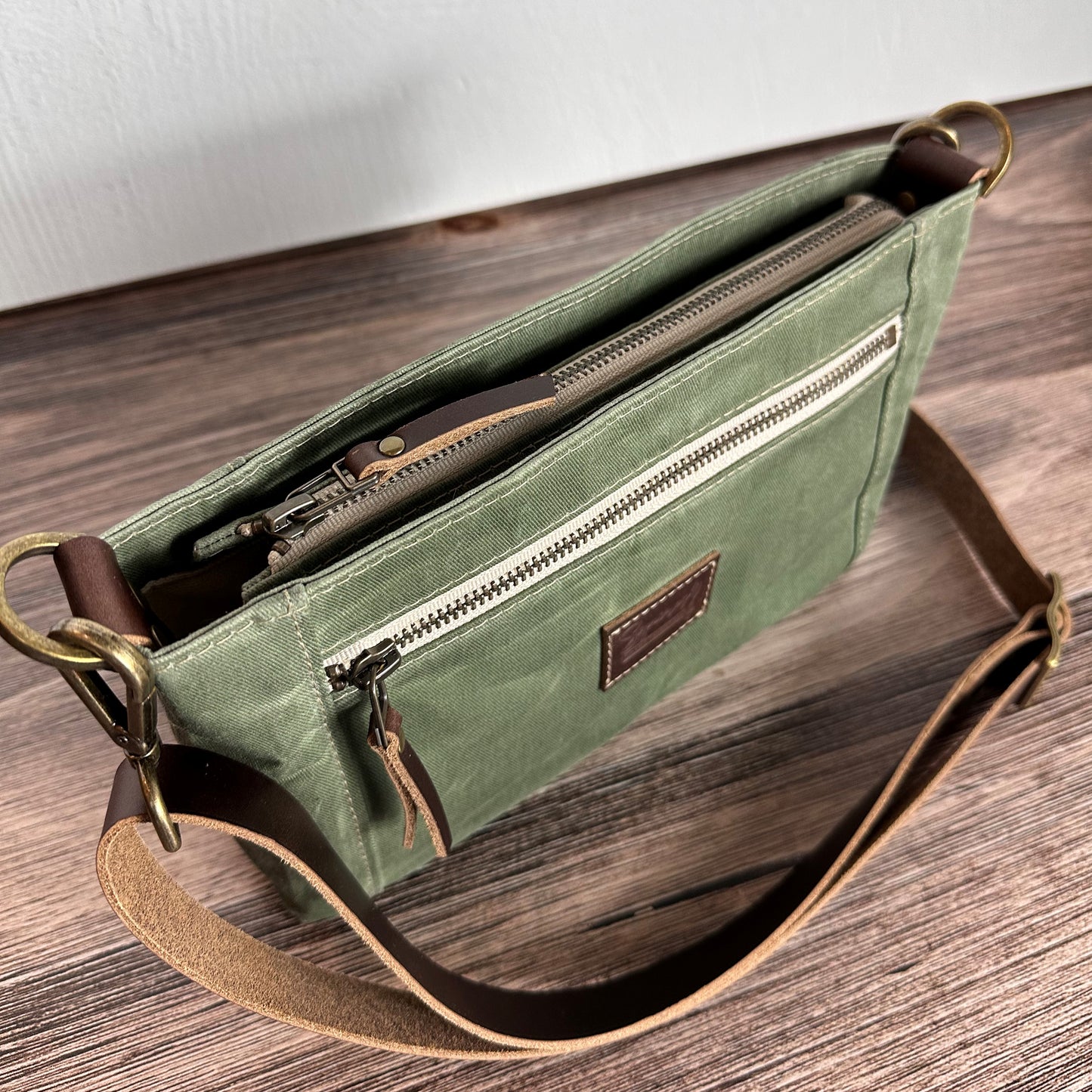 Parish Creek Crossbody Sage Waxed Twill & Toasted Wheat Leather with Antique Brass Hardware squirescanvascreations.com