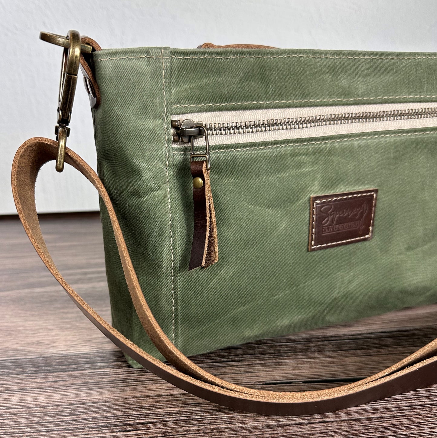 Parish Creek Crossbody Sage Waxed Twill & Toasted Wheat Leather with Antique Brass Hardware squirescanvascreations.com